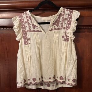 Anthropologie Jennifer & Grace Cream and Purple Linen Floral Blouse Size Large